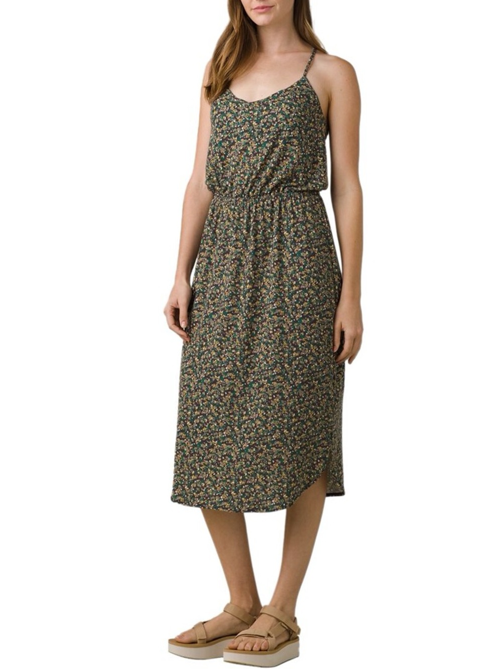 PRANA Ayala Midi Jersey Dress in Black Pedals Ditsy Floral Size M